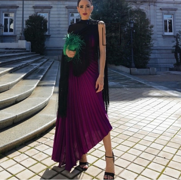 MANGO PURPLE ASYMETRICAL PLEATED DRESS - Picture 8 of 9